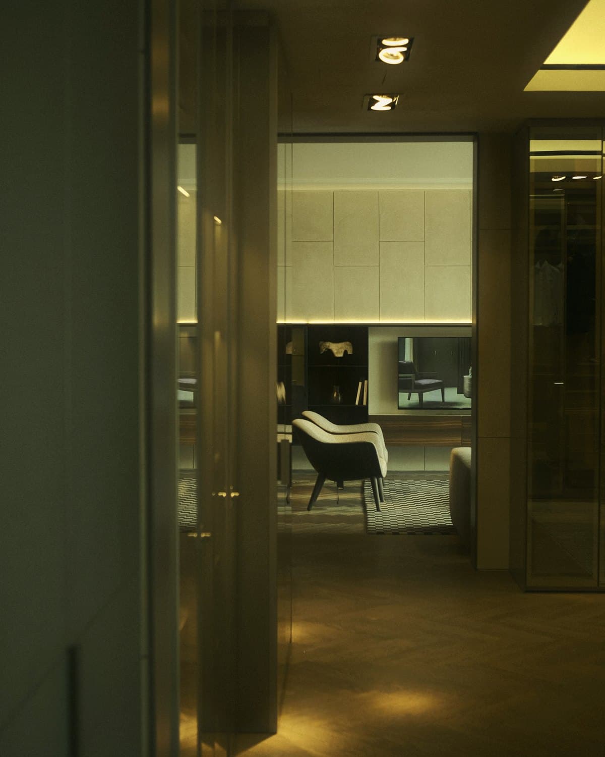 Corredor com luz quente ao fundo, em penumbra — referência conceitual