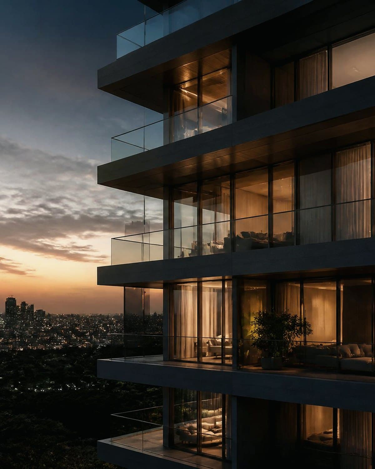 Edifício residencial contemporâneo ao entardecer, com varandas envidraçadas — referência conceitual