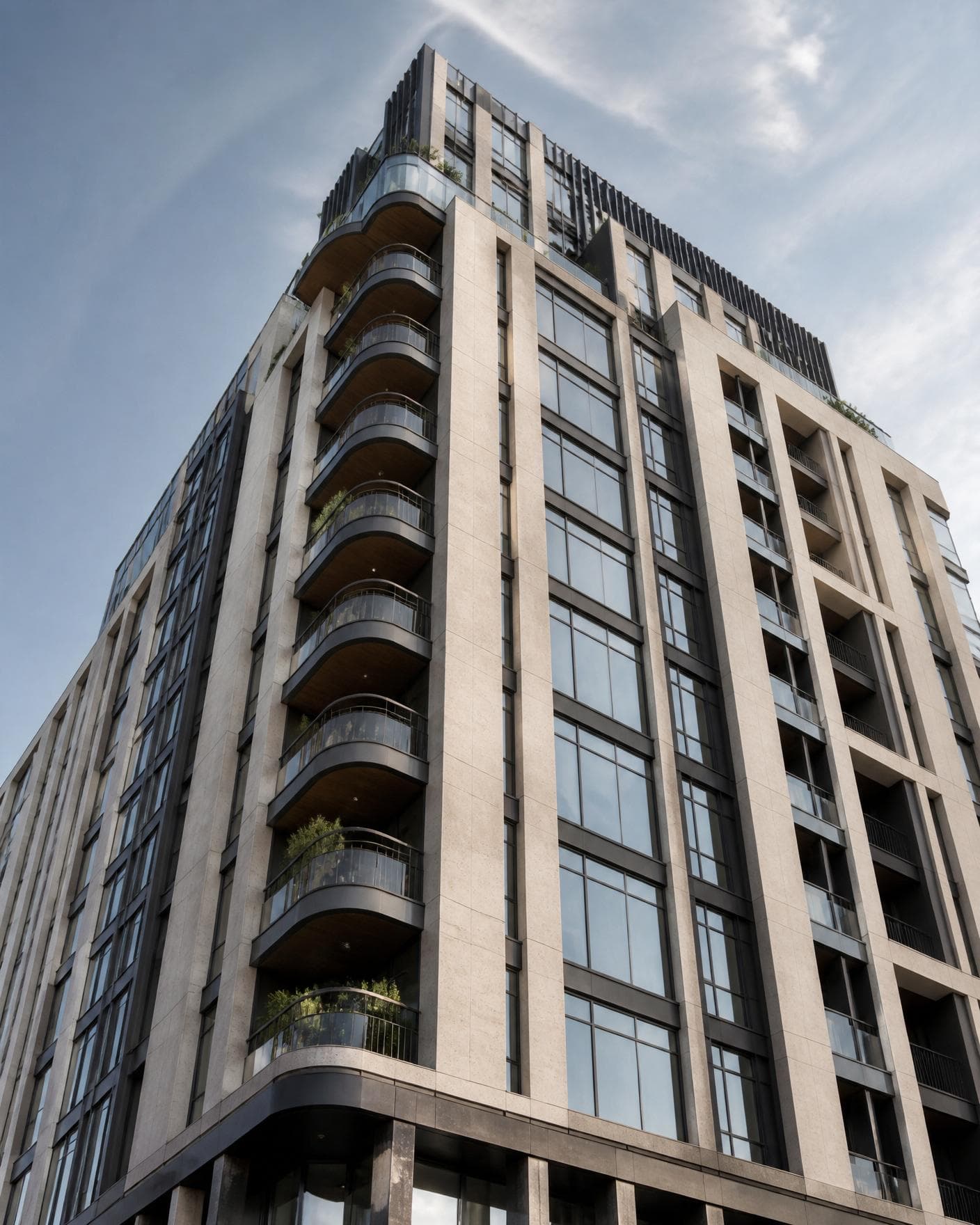 Fachada de edifício residencial contemporâneo com varandas curvas — referência conceitual